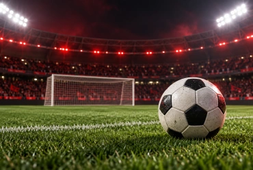 Bola sobre gramado de estádio sob refletores comuns